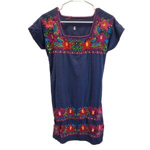 EMBROIDERED Oaxacan. Mexican Peasant Patio Dress Women's Med. Navy Blue
